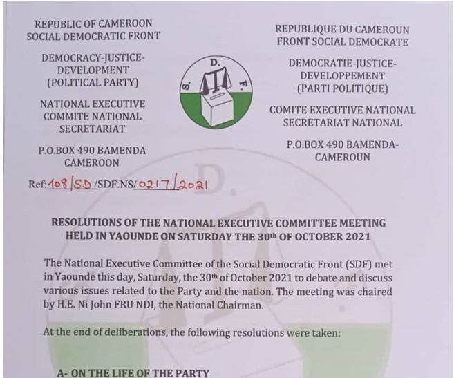 Resolutions of the National executive Commitee meeting held in Yaounde on sturday the 30th of October 2021