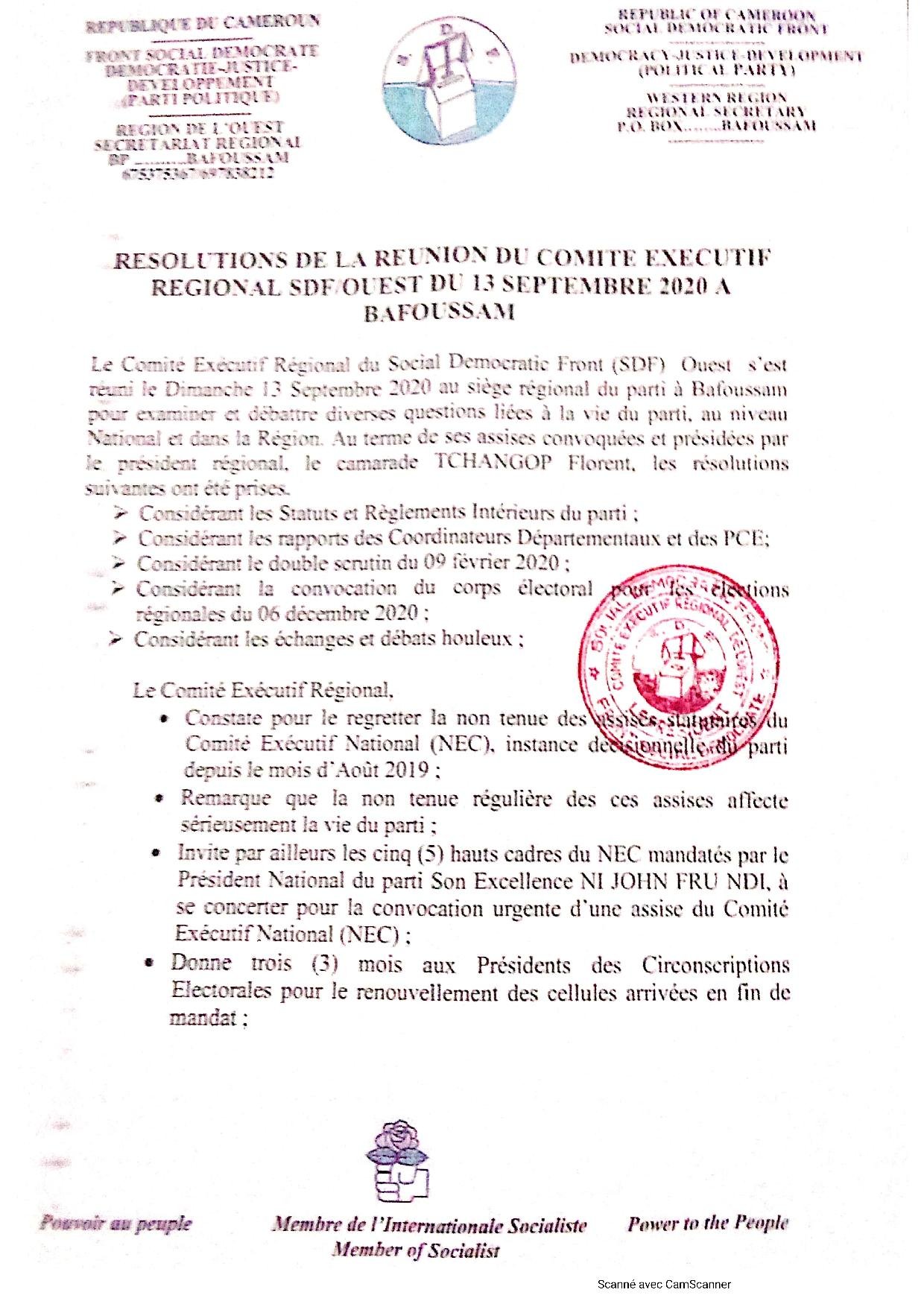 Résolutions de la réunion du Comité Exécutif Régional SDF OUEST du 13 septembre 2020 à Bafoussam