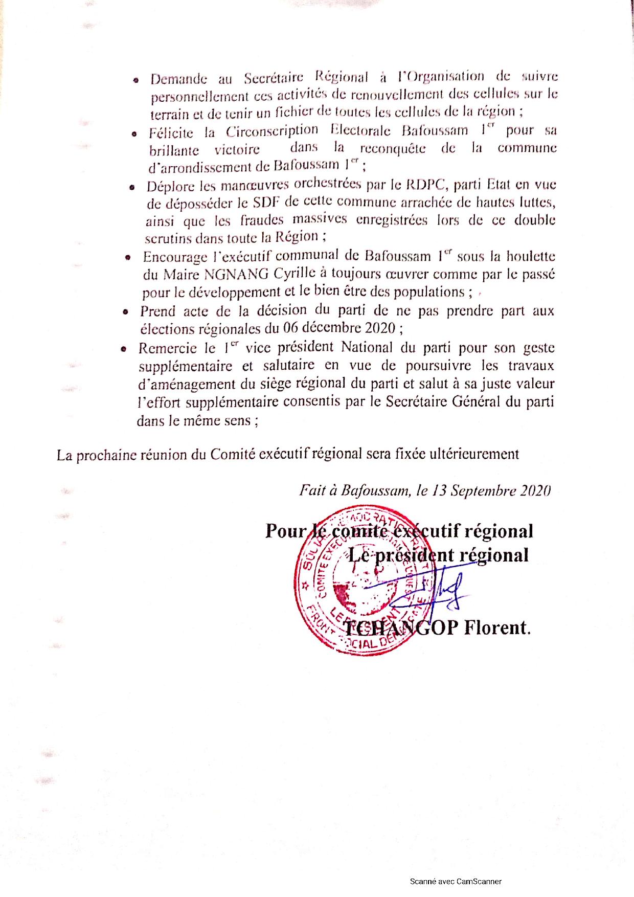 Résolutions de la réunion du Comité Exécutif Régional SDF OUEST du 13 septembre 2020 à Bafoussam