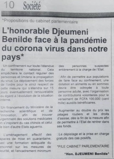 Proposition de l'Honorable Benilde Djeumeni face au coronavirus